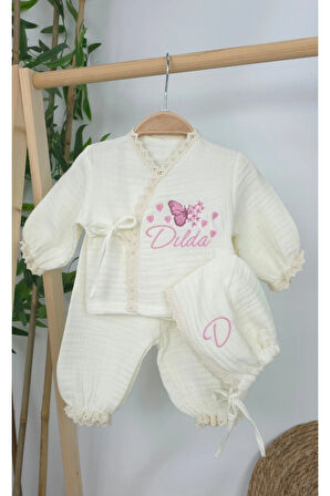 Müslin Yeni Doğan 4Katlı Organik %100Pamuk Kişiye Özgü Nakışlı Hastane Çıkış Seti (Çoklu Kelebek-3)