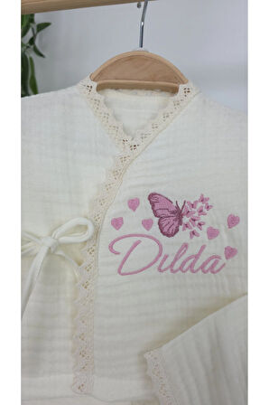 Müslin Yeni Doğan 4Katlı Organik %100Pamuk Kişiye Özgü Nakışlı Hastane Çıkış Seti (Çoklu Kelebek-3)