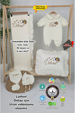 Müslin Yeni Doğan 4Katlı Organik %100Pamuk Kişiye Özgü Nakışlı Hastane Çıkış Seti (Çoklu Balon)