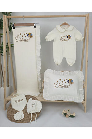 Müslin Yeni Doğan 4Katlı Organik %100Pamuk Kişiye Özgü Nakışlı Hastane Çıkış Seti (Çoklu Balon)