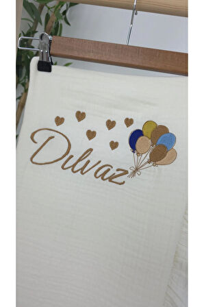 Müslin Yeni Doğan 4Katlı Organik %100Pamuk Kişiye Özgü Nakışlı Hastane Çıkış Seti (Çoklu Balon)