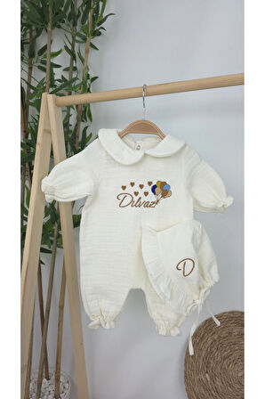 Müslin Yeni Doğan 4Katlı Organik %100Pamuk Kişiye Özgü Nakışlı Hastane Çıkış Seti (Çoklu Balon)