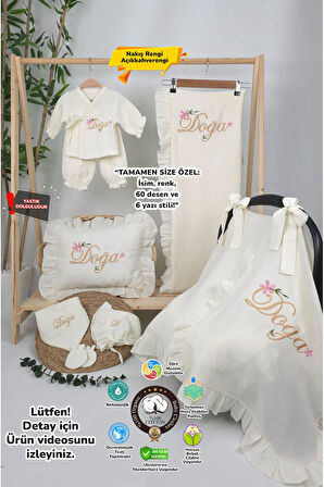 Müslin Yeni Doğan 4Katlı Organik %100Pamuk Kişiye Özgü Nakışlı Hastane Çıkış Seti(Çiçekli Model-1)