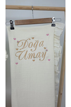 Müslin Yeni Doğan 4Katlı Organik %100Pamuk Kişiye Özgü Nakışlı Hastane Çıkış Seti (Çoklu Kalp-1)