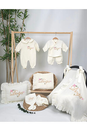 Müslin Yeni Doğan 4Katlı Organik %100Pamuk Kişiye Özgü Nakışlı Hastane Çıkış Seti(Çiçekli Model-1)