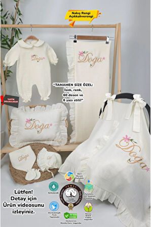 Müslin Yeni Doğan 4Katlı Organik %100Pamuk Kişiye Özgü Nakışlı Hastane Çıkış Seti(Çiçekli Model-1)