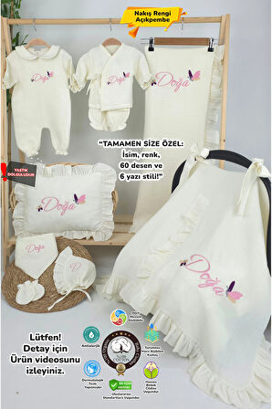 Müslin Yeni Doğan 4Katlı Organik %100Pamuk Kişiye Özgü Nakışlı Hastane Çıkış Seti (Kelebek Model-1)