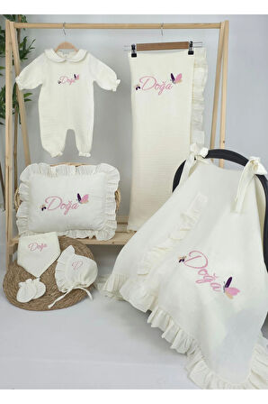 Müslin Yeni Doğan 4Katlı Organik %100Pamuk Kişiye Özgü Nakışlı Hastane Çıkış Seti (Kelebek Model-1)