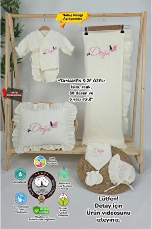 Müslin Yeni Doğan 4Katlı Organik %100Pamuk Kişiye Özgü Nakışlı Hastane Çıkış Seti (Kelebek Model-1)