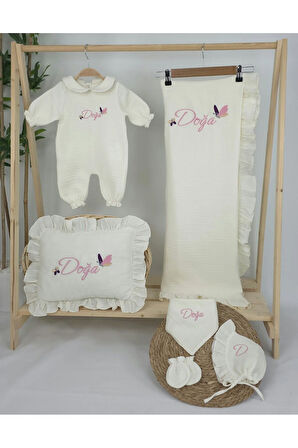 Müslin Yeni Doğan 4Katlı Organik %100Pamuk Kişiye Özgü Nakışlı Hastane Çıkış Seti (Kelebek Model-1)
