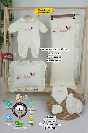 Müslin Yeni Doğan 4Katlı Organik %100Pamuk Kişiye Özgü Nakışlı Hastane Çıkış Seti (Kelebek Model-1)