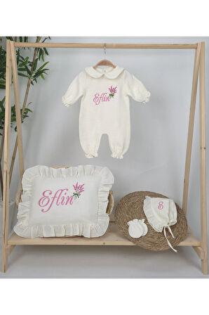 Müslin Yeni Doğan 4Katlı Organik %100Pamuk Kişiye Özgü Nakışlı Hastane Çıkış Seti (Lavanta Modeli)