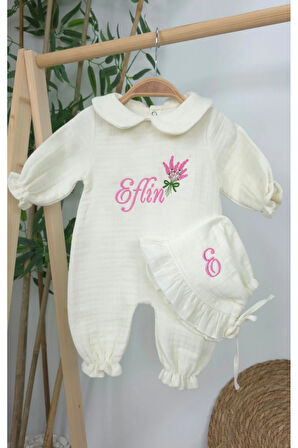 Müslin Yeni Doğan 4Katlı Organik %100Pamuk Kişiye Özgü Nakışlı Hastane Çıkış Seti (Lavanta Modeli)