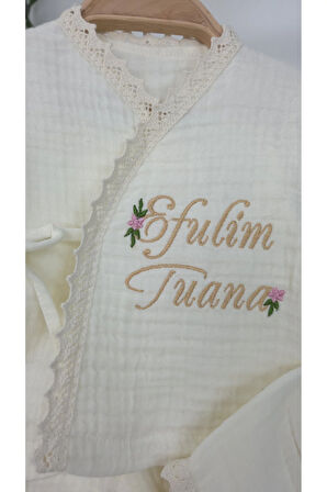 Müslin Yeni Doğan 4Katlı Organik %100Pamuk Kişiye Özgü Nakışlı Hastane Çıkış Seti (Papatya Model-6)