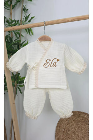 Müslin Yeni Doğan 4Katlı Organik %100Pamuk Kişiye Özgü Nakışlı Hastane Çıkış Seti (Kalpli Model-3)