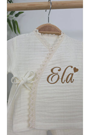 Müslin Yeni Doğan 4Katlı Organik %100Pamuk Kişiye Özgü Nakışlı Hastane Çıkış Seti (Kalpli Model-3)