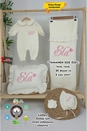 Müslin Yeni Doğan 4Katlı Organik %100Pamuk Kişiye Özgü Nakışlı Hastane Çıkış Seti (Kalpli Model-4)