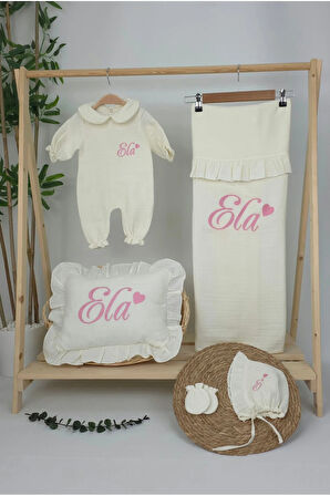 Müslin Yeni Doğan 4Katlı Organik %100Pamuk Kişiye Özgü Nakışlı Hastane Çıkış Seti (Kalpli Model-4)