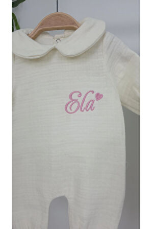 Müslin Yeni Doğan 4Katlı Organik %100Pamuk Kişiye Özgü Nakışlı Hastane Çıkış Seti (Kalpli Model-4)