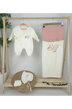 Müslin Yeni Doğan 4Katlı Organik %100Pamuk Kişiye Özgü Nakışlı Hastane Çıkış Seti (Papatya Model-7)