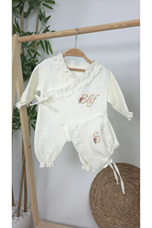 Müslin Yeni Doğan 4Katlı Organik %100Pamuk Kişiye Özgü Nakışlı Hastane Çıkış Seti (Papatya Model-7)