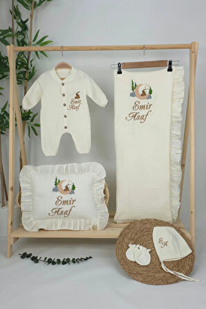 Müslin Yeni Doğan 4Katlı Organik %100Pamuk Kişiye Özgü Nakışlı Hastane Çıkış Seti (Kurt Model-1)