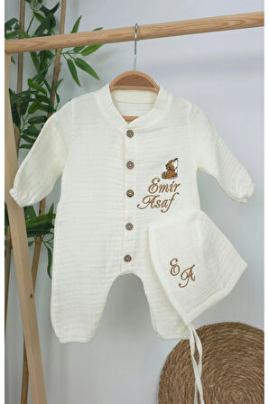 Müslin Yeni Doğan 4Katlı Organik %100Pamuk Kişiye Özgü Nakışlı Hastane Çıkış Seti (Kurt Model-1)