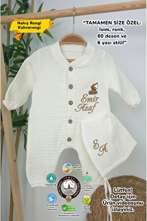 Müslin Yeni Doğan 4Katlı Organik %100Pamuk Kişiye Özgü Nakışlı Hastane Çıkış Seti (Kurt Model-1)