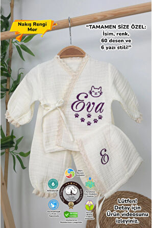 Müslin Yeni Doğan 4Katlı Organik %100Pamuk Kişiye Özgü Nakışlı Hastane Çıkış Seti (Pati Model-2)