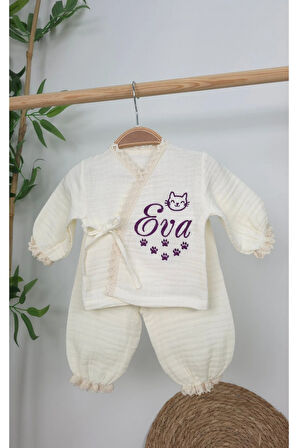 Müslin Yeni Doğan 4Katlı Organik %100Pamuk Kişiye Özgü Nakışlı Hastane Çıkış Seti (Pati Model-2)