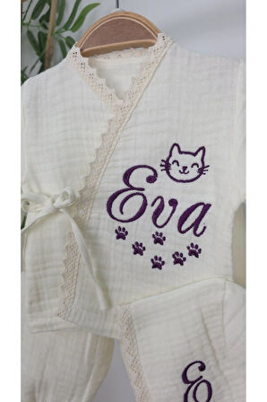 Müslin Yeni Doğan 4Katlı Organik %100Pamuk Kişiye Özgü Nakışlı Hastane Çıkış Seti (Pati Model-2)