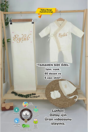 Müslin Yeni Doğan 4Katlı Organik %100Pamuk Kişiye Özgü Nakışlı Hastane Çıkış Seti (Kalpli Model-5)