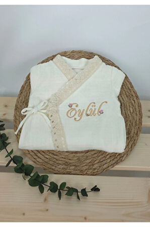 Müslin Yeni Doğan 4Katlı Organik %100Pamuk Kişiye Özgü Nakışlı Hastane Çıkış Seti (Kalpli Model-5)