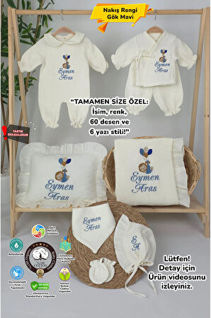 Müslin Yeni Doğan 4Katlı Organik %100Pamuk Kişiye Özgü Nakışlı Hastane Çıkış Seti (Balonlu Aslan-3)