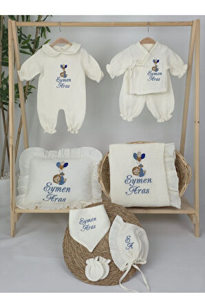 Müslin Yeni Doğan 4Katlı Organik %100Pamuk Kişiye Özgü Nakışlı Hastane Çıkış Seti (Balonlu Aslan-3)