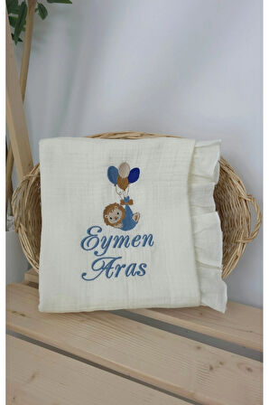 Müslin Yeni Doğan 4Katlı Organik %100Pamuk Kişiye Özgü Nakışlı Hastane Çıkış Seti (Balonlu Aslan-3)