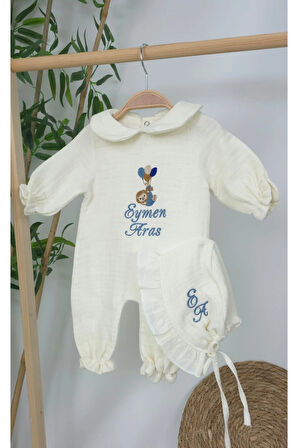 Müslin Yeni Doğan 4Katlı Organik %100Pamuk Kişiye Özgü Nakışlı Hastane Çıkış Seti (Balonlu Aslan-3)