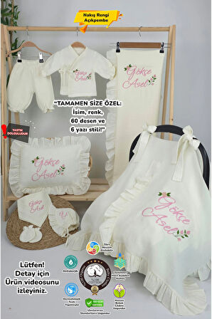 Müslin Yeni Doğan 4Katlı Organik %100Pamuk Kişiye Özgü Nakışlı Hastane Çıkış Seti (Güllü Model-2)