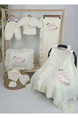 Müslin Yeni Doğan 4Katlı Organik %100Pamuk Kişiye Özgü Nakışlı Hastane Çıkış Seti (Güllü Model-2)