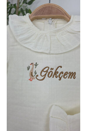 Müslin Yeni Doğan 4Katlı Organik %100Pamuk Kişiye Özgü Nakışlı Hastane Çıkış Seti(Ördek Model-1)