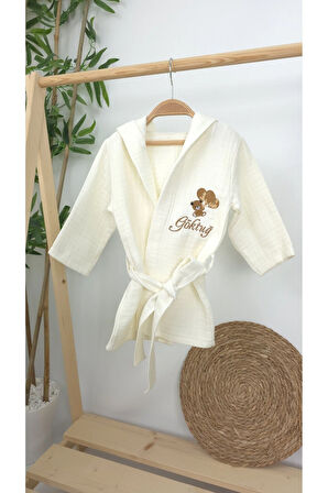 Müslin Yeni Doğan 4Katlı Organik %100Pamuk Kişiye Özgü Nakışlı 0-2 Yaş Bornoz (Ayıcıklı)