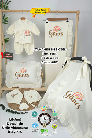 Müslin Yeni Doğan 4Katlı Organik %100Pamuk Kişiye Özgü Nakışlı Hastane Çıkış Seti(Gökkuşağı Model-3)