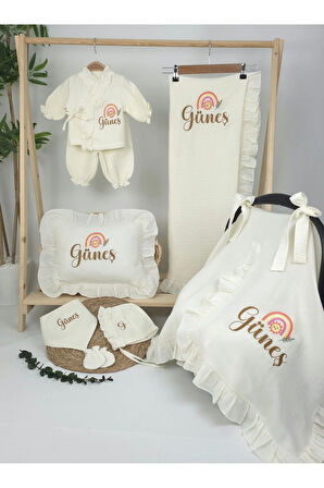 Müslin Yeni Doğan 4Katlı Organik %100Pamuk Kişiye Özgü Nakışlı Hastane Çıkış Seti(Gökkuşağı Model-3)