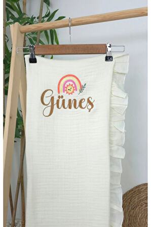 Müslin Yeni Doğan 4Katlı Organik %100Pamuk Kişiye Özgü Nakışlı Hastane Çıkış Seti(Gökkuşağı Model-3)