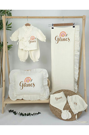 Müslin Yeni Doğan 4Katlı Organik %100Pamuk Kişiye Özgü Nakışlı Hastane Çıkış Seti(Gökkuşağı Model-3)