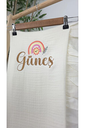 Müslin Yeni Doğan 4Katlı Organik %100Pamuk Kişiye Özgü Nakışlı Hastane Çıkış Seti(Gökkuşağı Model-3)