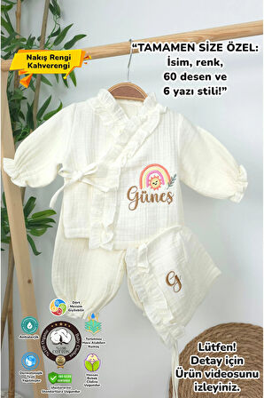 Müslin Yeni Doğan 4Katlı Organik %100Pamuk Kişiye Özgü Nakışlı Hastane Çıkış Seti(Gökkuşağı Model-3)