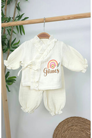 Müslin Yeni Doğan 4Katlı Organik %100Pamuk Kişiye Özgü Nakışlı Hastane Çıkış Seti(Gökkuşağı Model-3)