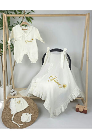 Müslin Yeni Doğan 4katlı Organik %100pamuk Kişiye Özgü Nakışlı Hastane Çıkış Seti (güneş Model-2)