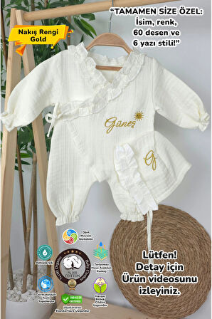 Müslin Yeni Doğan 4Katlı Organik %100Pamuk Kişiye Özgü Nakışlı Hastane Çıkış Seti (Güneş Model-2)